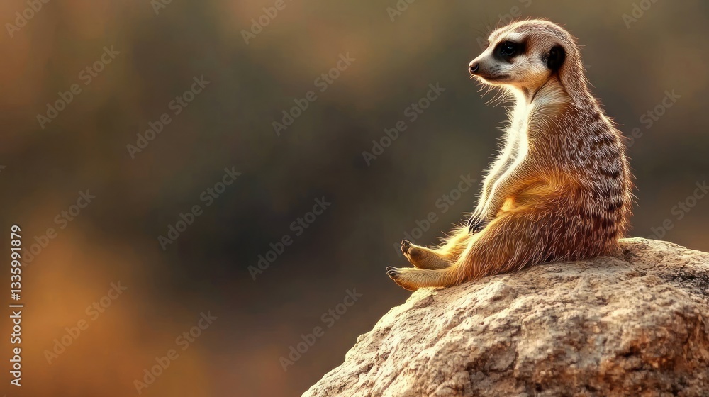 Fototapeta premium Meerkat perched on rock, savanna background, wildlife observation, nature photography