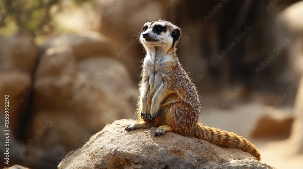 Fototapeta premium Meerkat perched on rock, desert background, wildlife