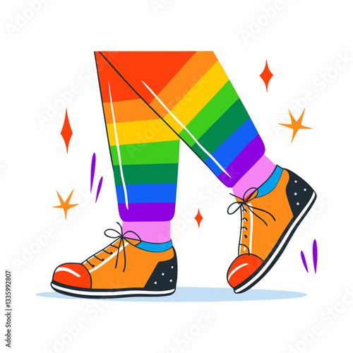 Colorful vector illustration of walking legs wearing rainbow leggings and orange sneakers, symbolizing pride, diversity, and self-expression.