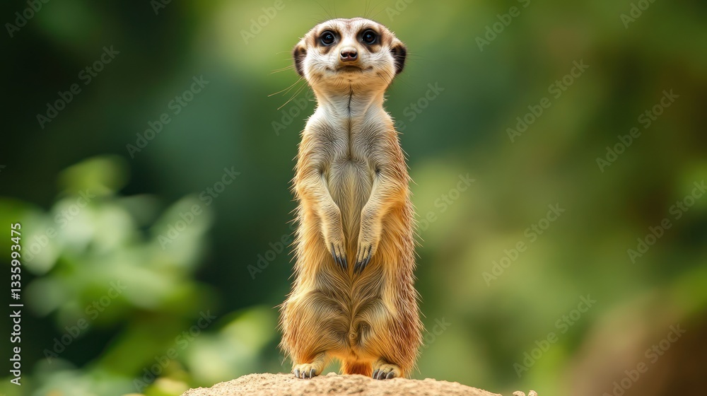 Alert Meerkat Standing Guard in Lush Garden Alert Meerkat Standing Guard in Lush Garden