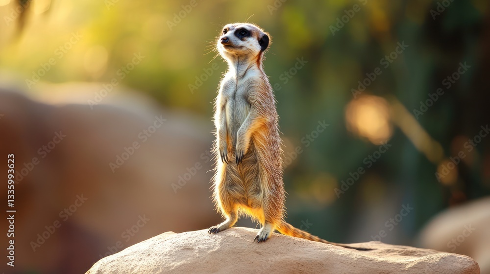 Fototapeta premium Alert meerkat on rock in sunlight