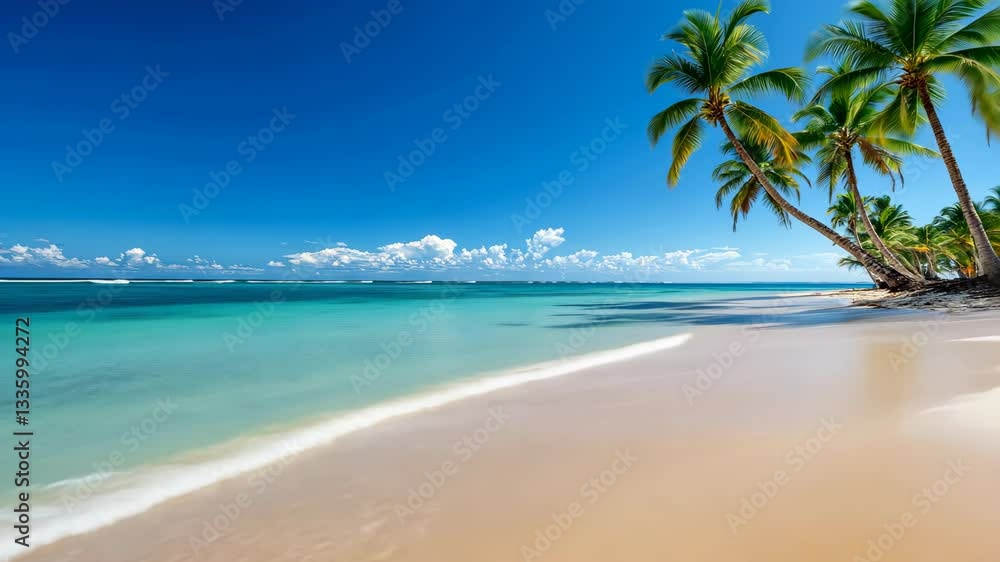 Serene Tropical Beach with Palm Trees, Clear Turquoise Water, and Soft Sand Under Blue Sky Serene Tropical Beach with Palm Trees, Clear Turquoise Water, and Soft Sand Under Blue Sky
