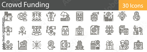 Crowd and Funding Line Icons Set. Collection of 30 outline icons representing crowdfunding, investments, financial support, and group contributions. Editable stroke vector illustration.