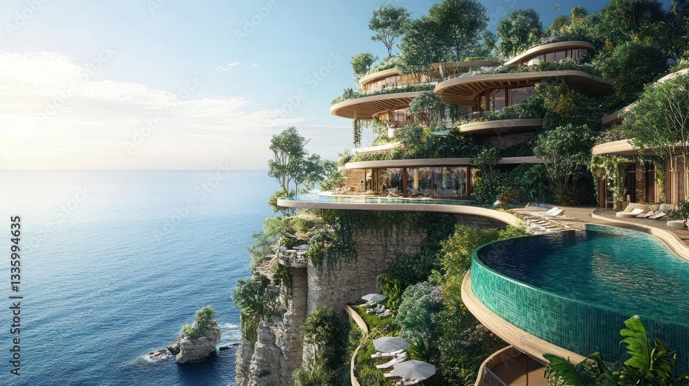 Fototapeta premium Luxurious cliffside villa with infinity pools and ocean view.