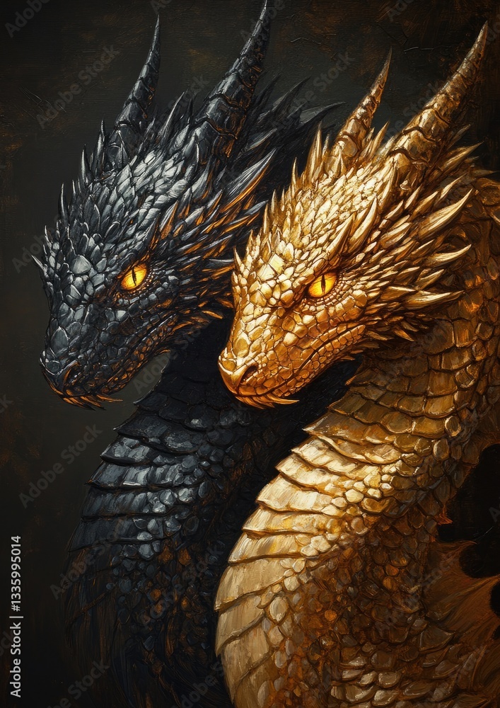 Fototapeta premium Two majestic fantasy dragons looking to the right side together