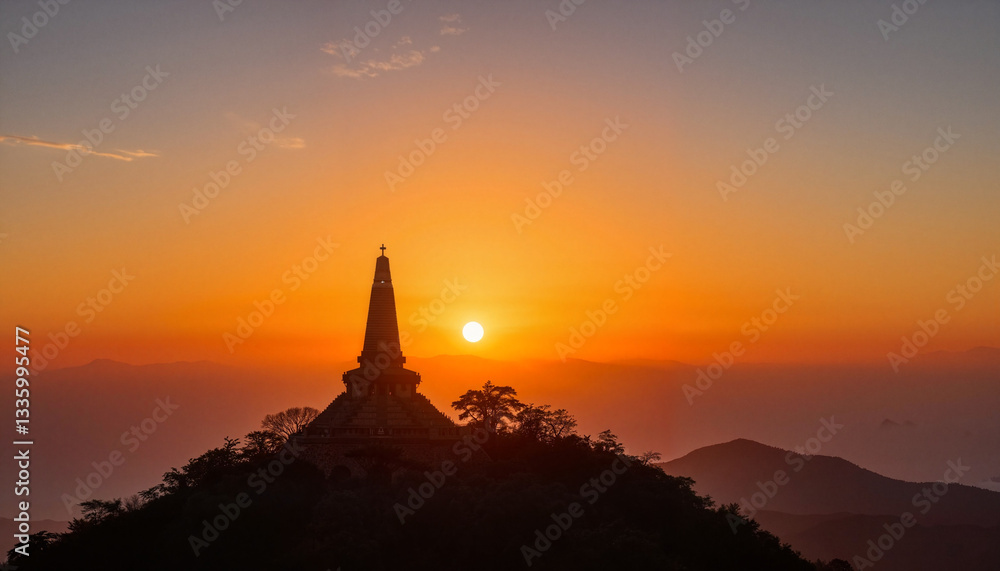 Obraz premium Buddhist temple silhouette at vibrant sunrise, serene elevation