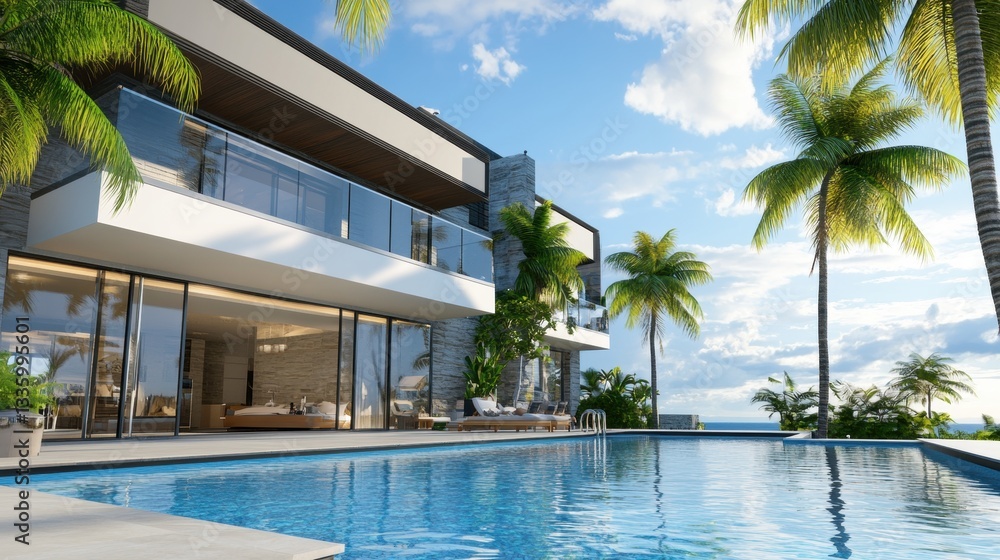 Modern luxury villa with pool and palm trees by the ocean Modern luxury villa with pool and palm trees by the ocean