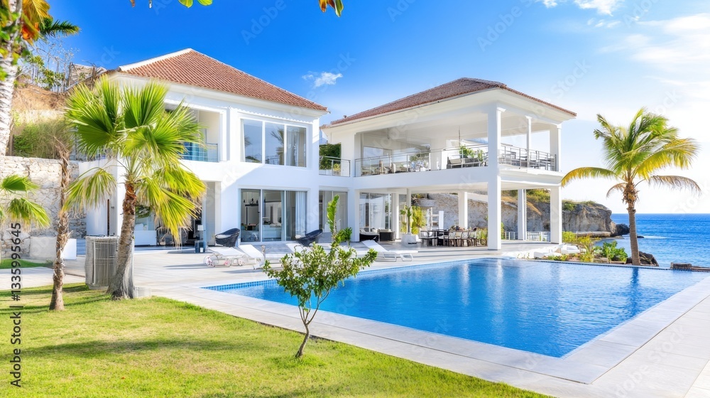 Fototapeta premium Modern luxury villa with pool and ocean view in sunny location