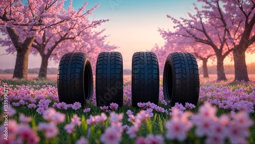 Tires among Cherry Blossoms: An artistic scene where four sturdy tires stand amidst a vibrant landscape, embraced by blooming cherry blossom trees.