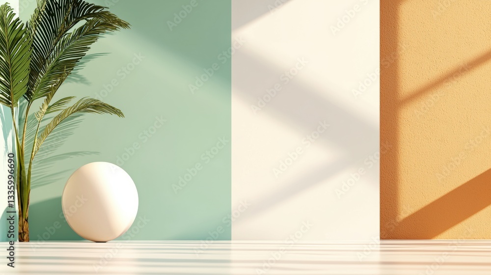 A modern living room with a large palm tree, white sphere, and light green wall. A modern living room with a large palm tree, white sphere, and light green wall.