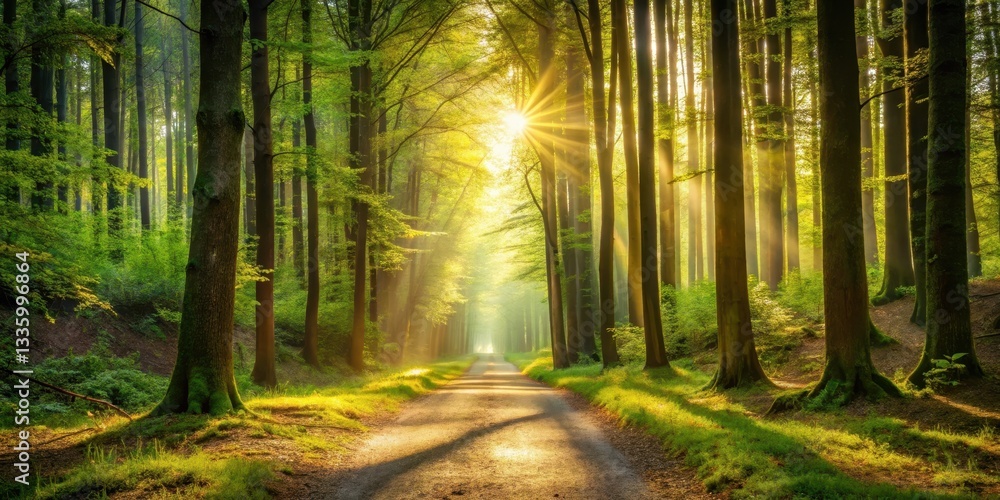 Fototapeta premium Forest Pathway Lit by Sunlight Filtering Through Trees, scenery, woods, scenery, woods, natural