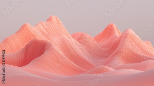 A digital rendering of a serene landscape featuring a series of undulating, pink mountains.