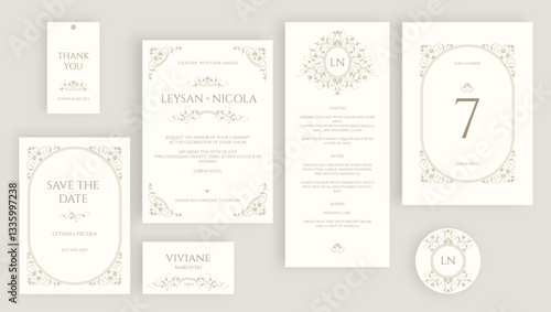 Elegant wedding set of cards in classic style. Place cards, wedding invitation, table number, save the date, thank you card, menu, sticker.