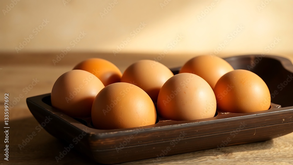 Brown Eggs Neatly Arranged in a Wooden Tray Brown Eggs Neatly Arranged in a Wooden Tray