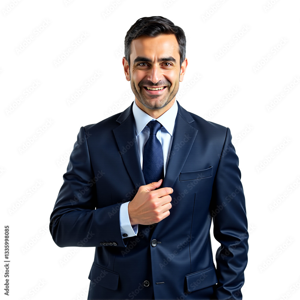 Professional portrait of confident middle-aged businessman in navy suit adjusting jacket. Ideal for corporate profiles, business articles, and marketing. Isolated on transparent background. Professional portrait of confident middle-aged businessman in navy suit adjusting jacket. Ideal for corporate profiles, business articles, and marketing. Isolated on transparent background.