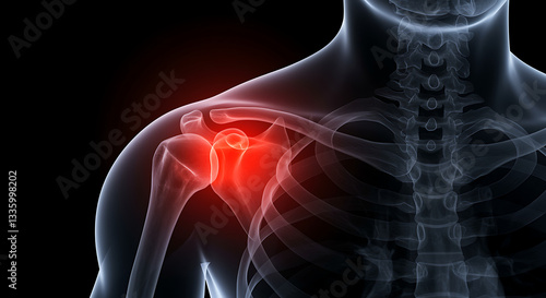 Shoulder pain anatomy illustration with highlighted inflammation and skeleton view