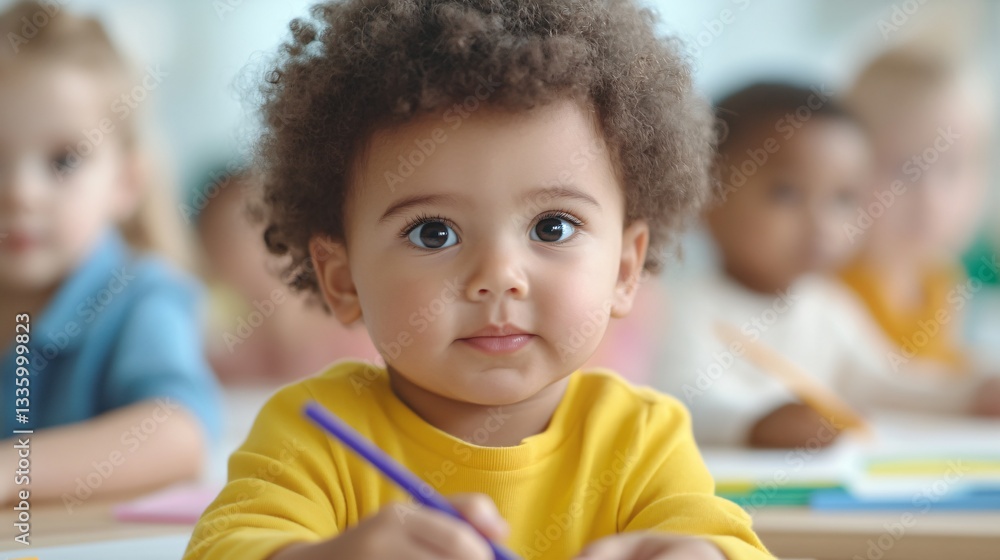 Young child focused in classroom, diverse group of kids in background, engaged in learning, creative and inspiring environment. Young child focused in classroom, diverse group of kids in background, engaged in learning, creative and inspiring environment.