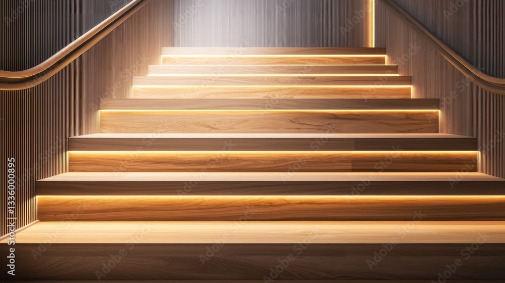 Japandi staircase with sleek wooden steps and integrated wall lighting.