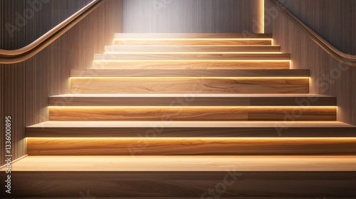 Obraz na płótnie Japandi staircase with sleek wooden steps and integrated wall lighting. w salonie