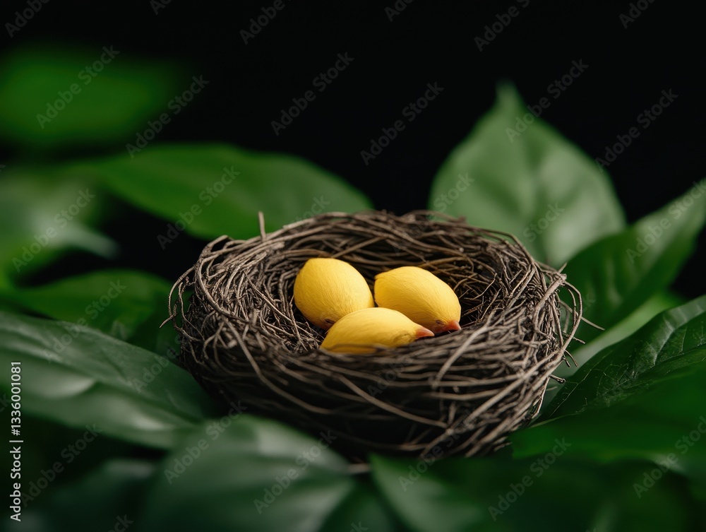 Nest with Three Yellow Eggs Surrounded by Lush Green Leaves in Dark Background Nest with Three Yellow Eggs Surrounded by Lush Green Leaves in Dark Background
