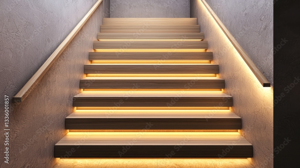 Japandi staircase with sleek wooden steps and integrated wall lighting.