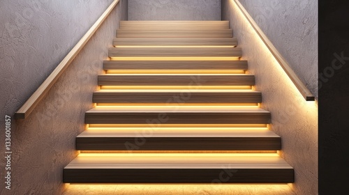 Obraz na płótnie Japandi staircase with sleek wooden steps and integrated wall lighting. w salonie