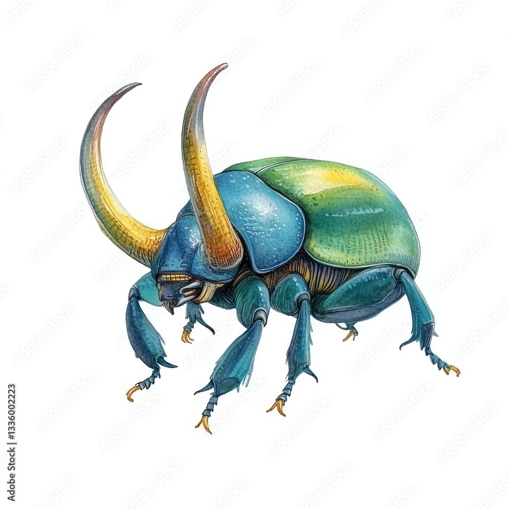 Fototapeta premium A colorful illustration of an ornate horned beetle on white