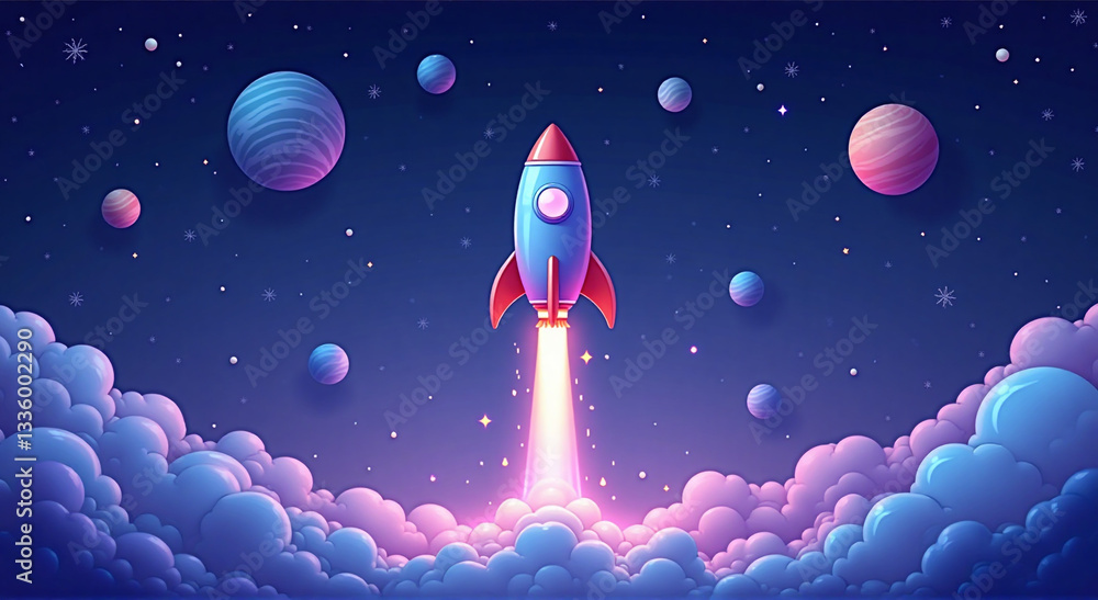 Naklejka premium rocket in space, space, rocket, spaceship, planet, moon, cartoon, star, vector, ship, sky, illustration, astronaut, ufo, stars, travel, galaxy, flying, fly, cosmos, night, universe, earth, science, sp