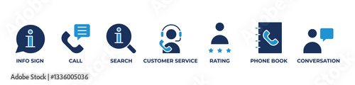 Connecting Through Information Icons set vector illustration with  Info sign, Call, Search, Customer service, Rating, Phone book, Conversation