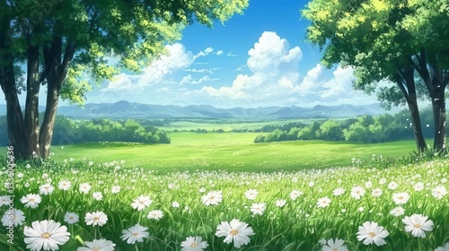 Anime background illustrating a beautiful meadow with trees and white flowers, blue sky, and green grass