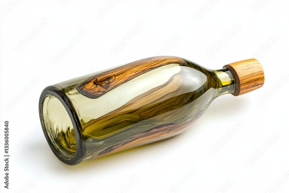 Fototapeta premium Olive oil bottle with wooden accents. A decorative glass bottle, olive green in color, features inlaid wooden strips along its body. The bottle has a wooden stopper