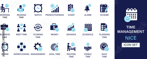 Time management icon set collection. Working, reading, watch, productiveness, chart, alarm, scheme, business, meeting and best solid icon set.