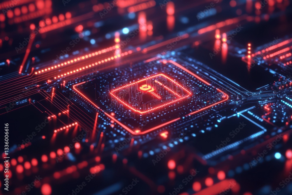 Obraz premium Red glowing circuit board with central processor security lock, Background