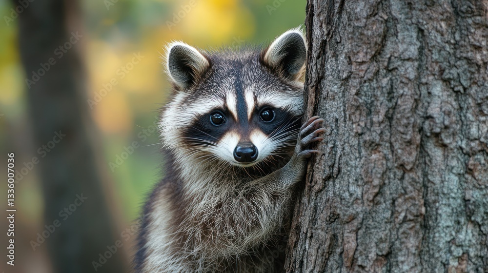 Fototapeta premium Raccoon near tree in autumnal forest. Possible use Nature photography