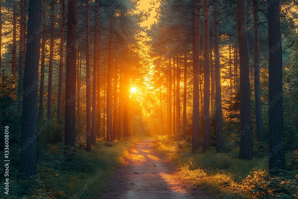 Obraz premium Majestic Sunset Path Through Pine Forest Golden Hour Nature Photography