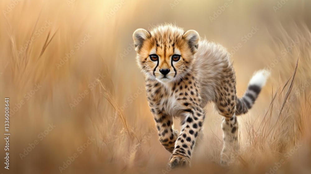 Obraz premium Adorable Baby Cheetah Walking Through Golden Grass in Nature Scene