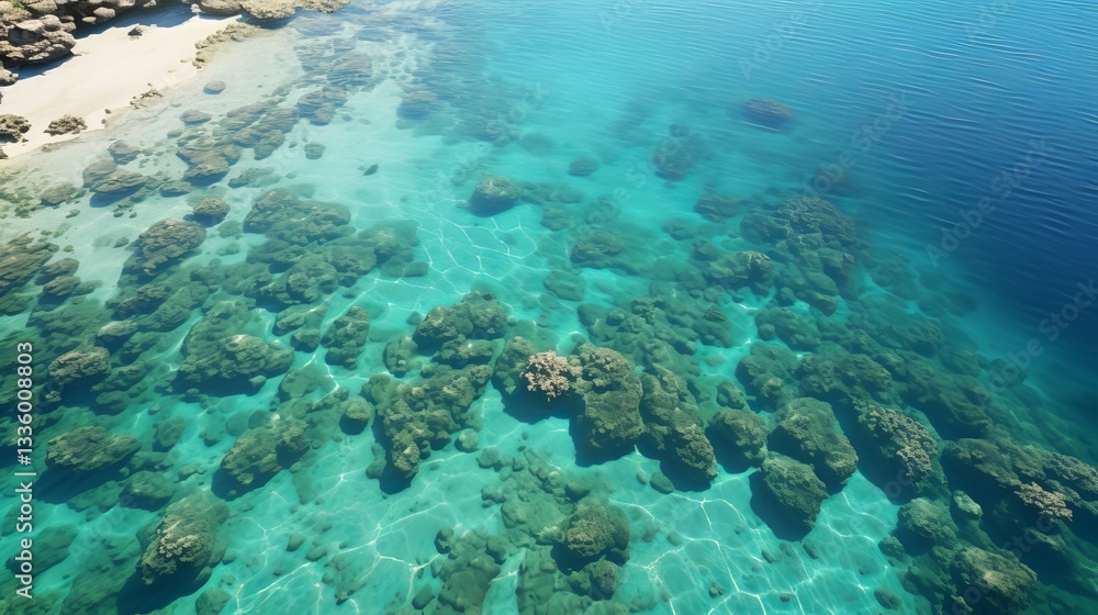 Aerial view showcasing vibrant patterns of a coral reef in crystal clear waters and rich colors Aerial view showcasing vibrant patterns of a coral reef in crystal clear waters and rich colors