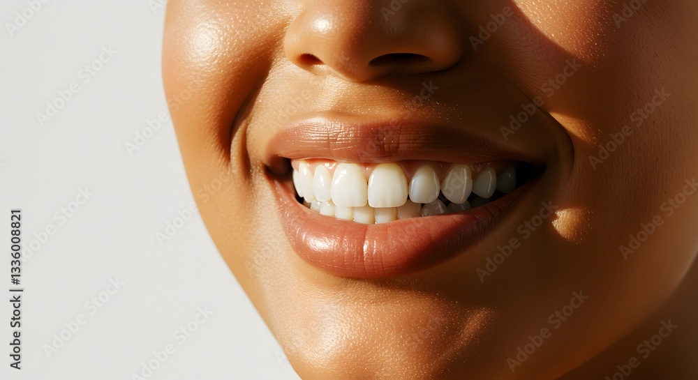 Fototapeta premium Smiling Woman Showing Healthy White Teeth with Natural Sunlit Skin
