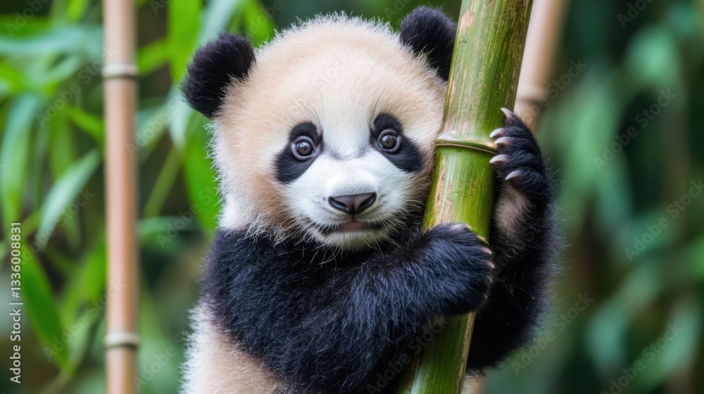 Obraz premium Adorable baby panda clinging to bamboo in a serene environment