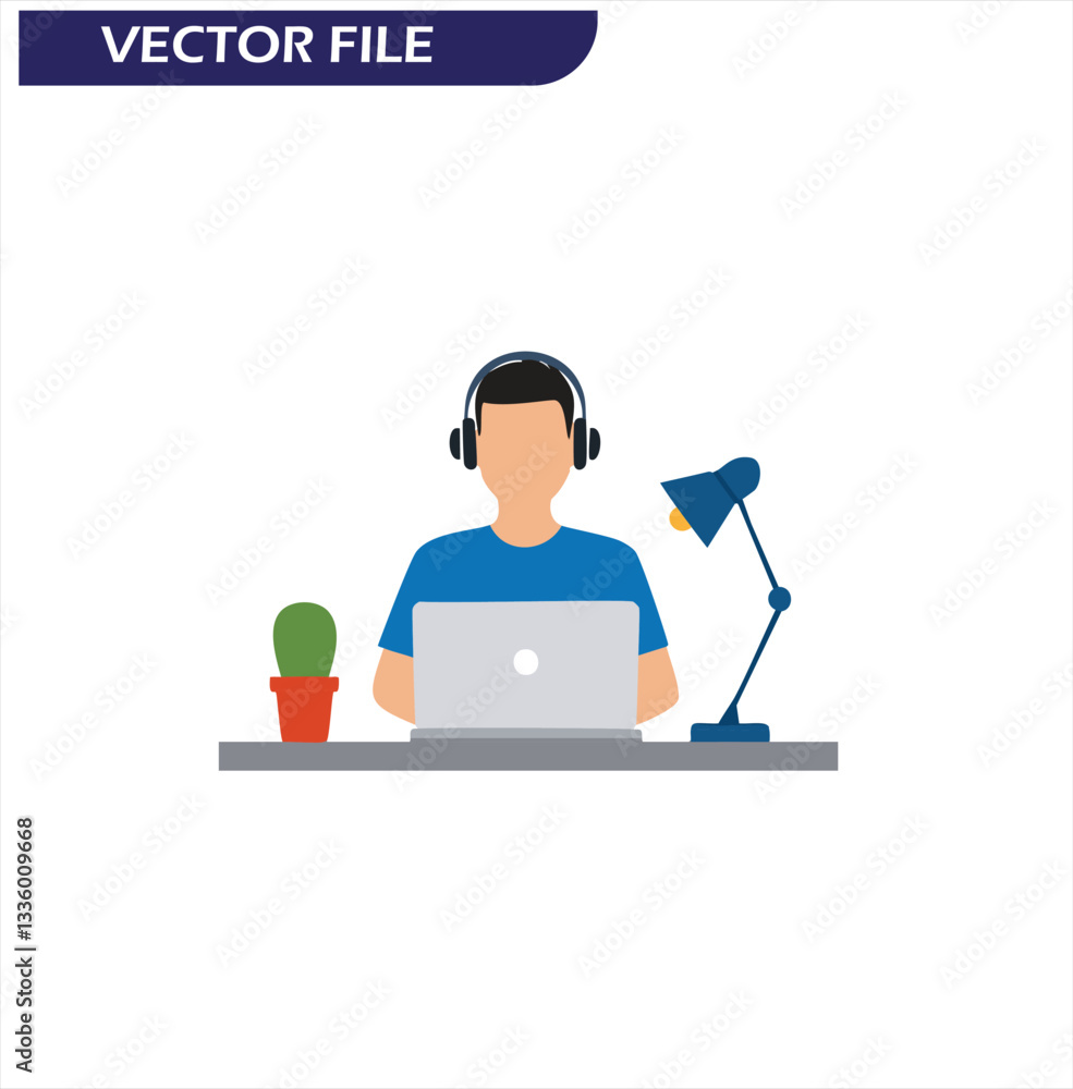 Fototapeta premium Person with Headphones Working on Laptop with Cactus and Lamp