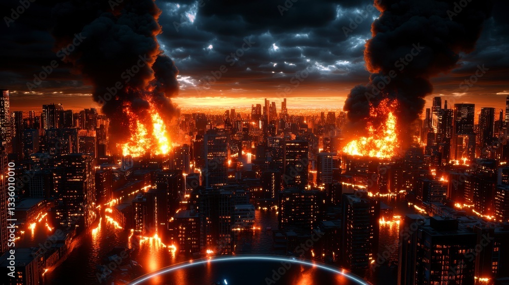 Obraz premium Urban Apocalypse Devastation of Cityscape with Inferno and Black Smoke Destruction Amid Dark Skyline