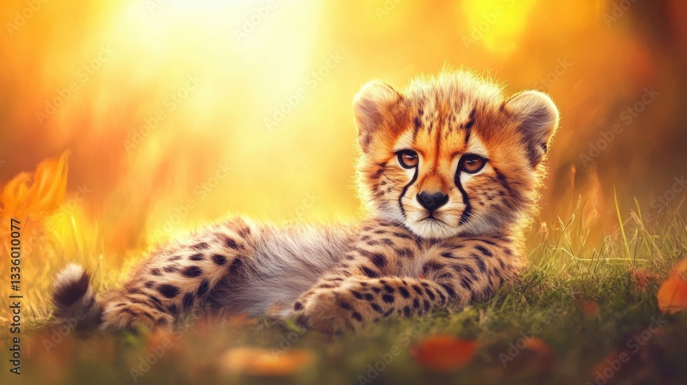 Obraz premium Adorable Cheetah Cub Relaxing in Sunlit Autumn Meadow