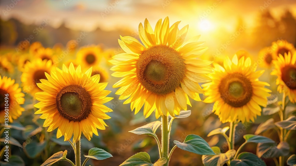 Fototapeta premium Bright yellow sunflowers stand tall in soft morning light with gentle warm glow illuminating their petals and creating a serene atmosphere, sunlight, golden hues