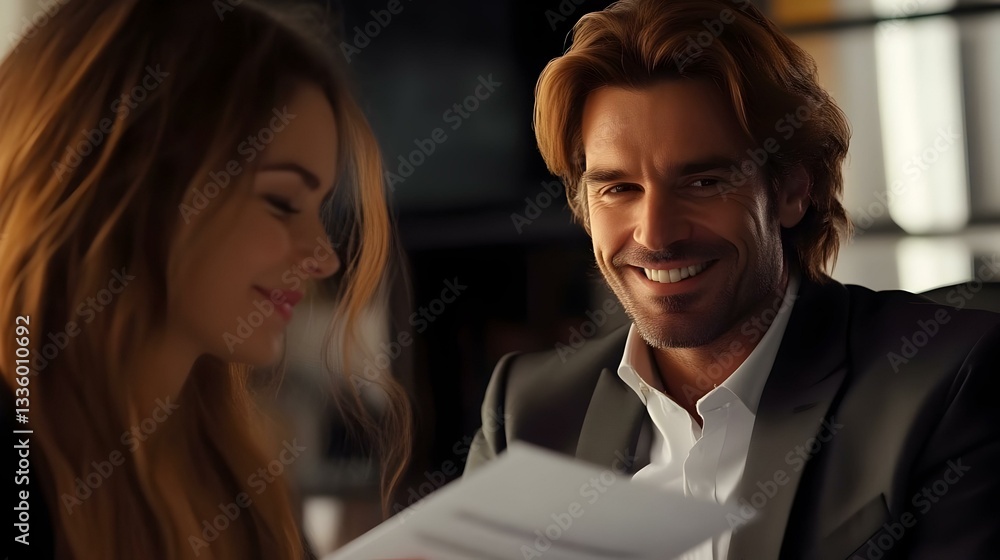 Smiling businessman showing a new project to his Smiling businessman showing a new project to his