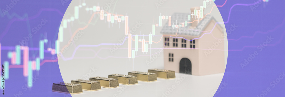 Road from golden path to home, Dynamic financial growth and investment concept, with bright background of stock market chart, wealth, real estate prosperity and economic success