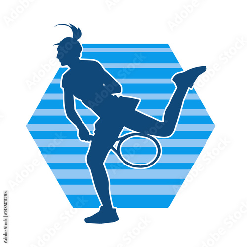 Silhouette of a female tennis player in action pose. Silhouette of a woman playing tennis sport with racket.
