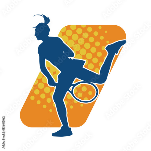 Silhouette of a female tennis player in action pose. Silhouette of a woman playing tennis sport with racket.