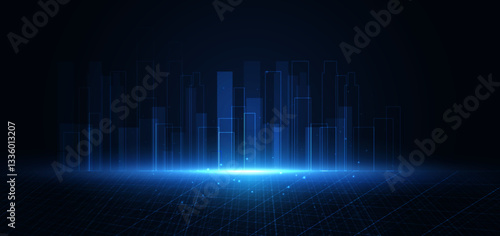 Modren glowing night cityscape on dark blue background with lighting effect and sparkle. City landscape.