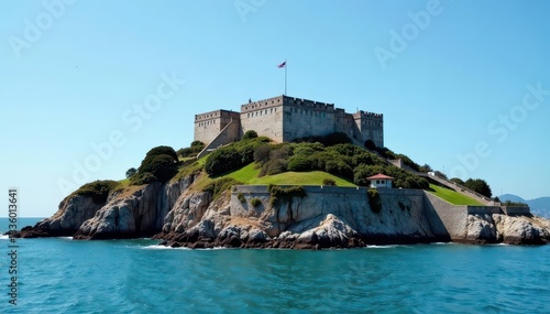 Alcatraz Island's weathered stone fortress imposing structure, seabirds, sea, prison