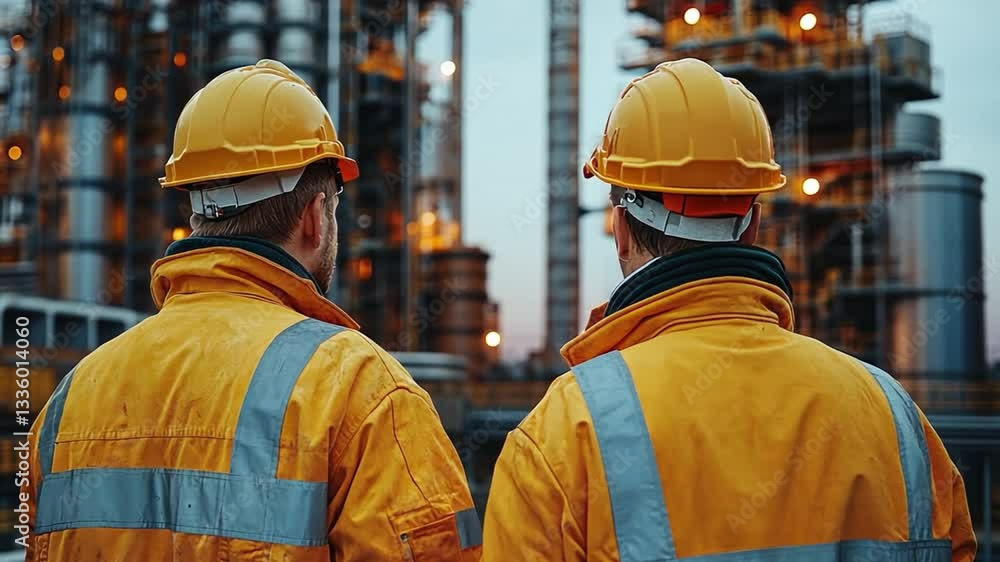 Industry Experts: Two workers in protective gear, with helmets and reflective jackets, survey a complex industrial facility, showcasing expertise and dedication Industry Experts: Two workers in protective gear, with helmets and reflective jackets, survey a complex industrial facility, showcasing expertise and dedication